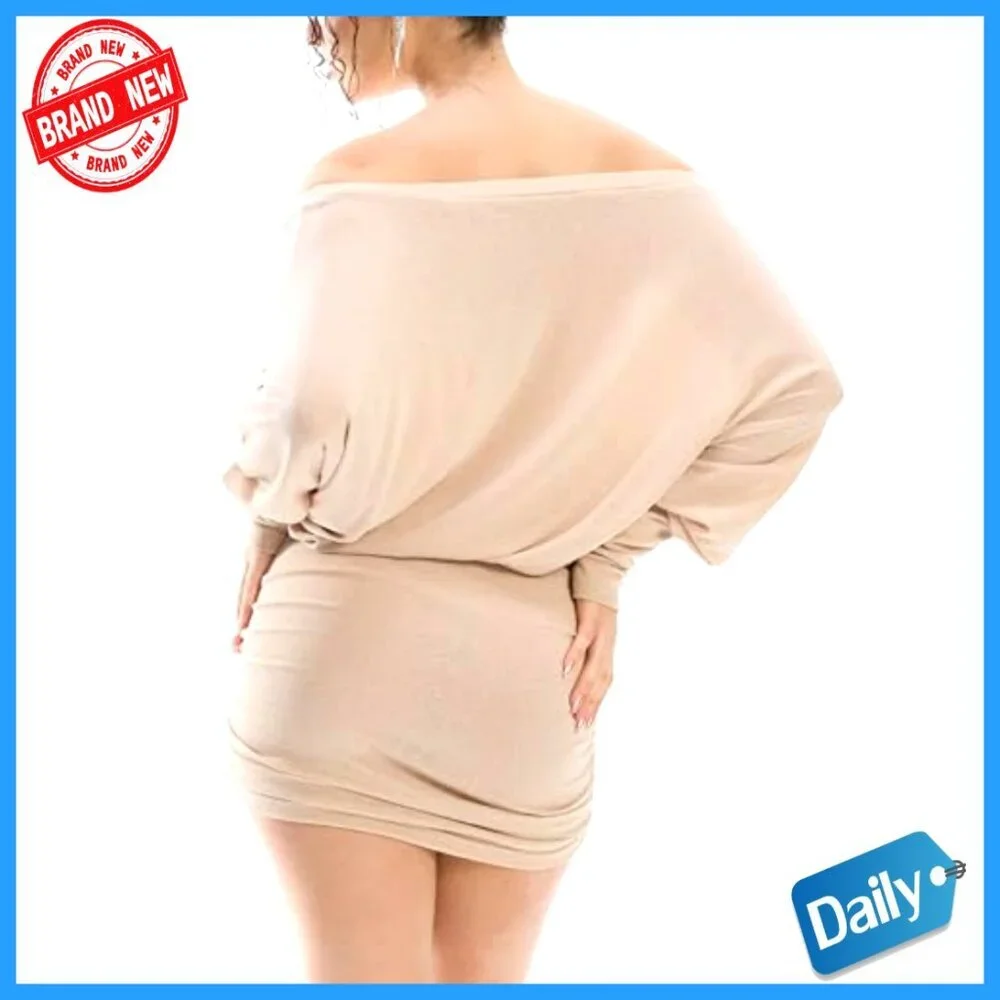 Long Sleeve Batwing Mini Dress Off Shoulder Ruched Sheer Oversized Casual